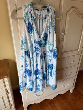 Yumi Kim White Dress with Blue Floral Print and Aqua Accents